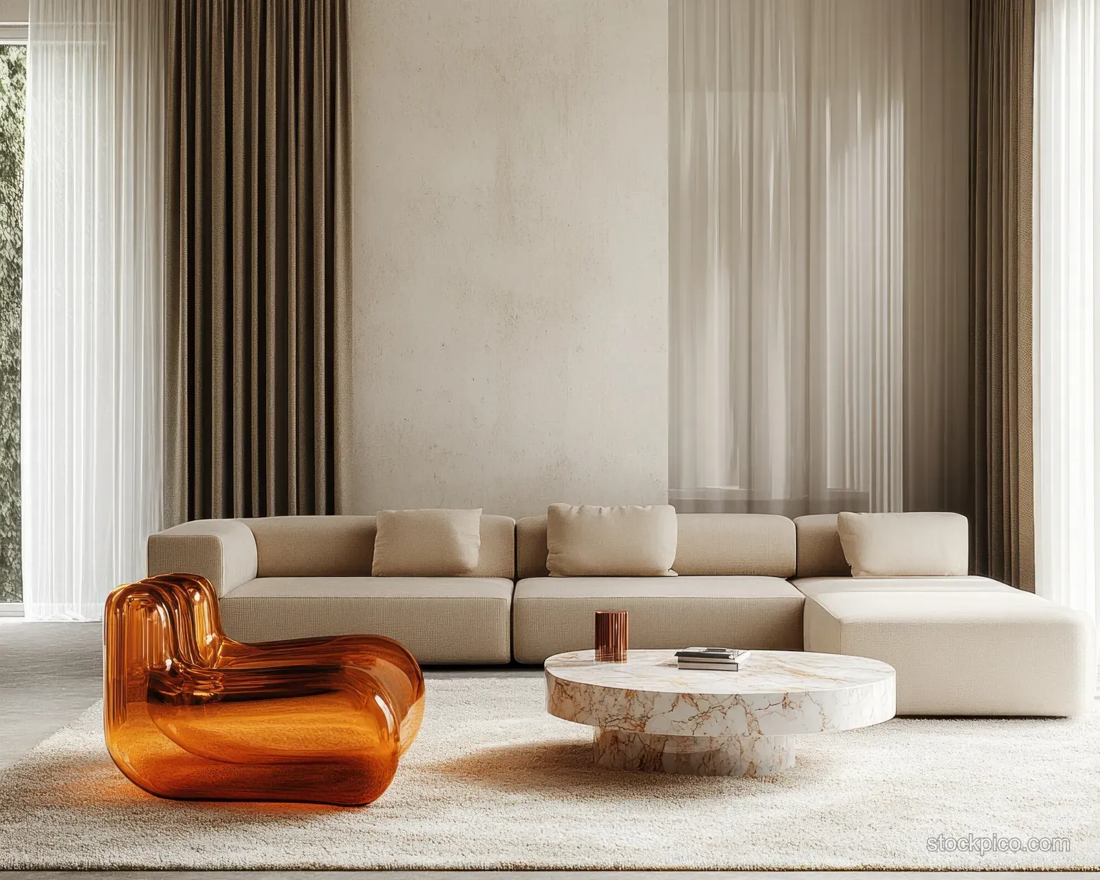 Beige sectional sofa, translucent amber chair, round marble coffee table, and sheer floor-to-ceiling curtains in a minimalist living room.