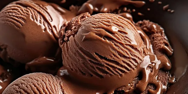 Three chocolate ice cream scoops melting slightly on dark surface with glossy chocolate drips