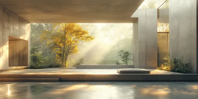 Minimal concrete room with an open balcony, warm sunlight, and soft shadows across a smooth floor.