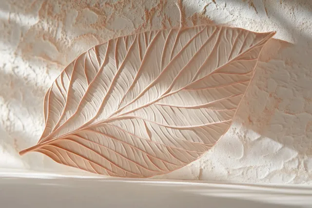 Pastel botanical leaf sculpture on textured wall with soft sunlight shadows in minimalist interior