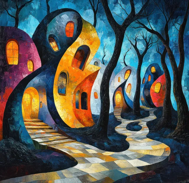 A crooked colorful house with glowing windows leans over a checkerboard path in a surreal forest at night.