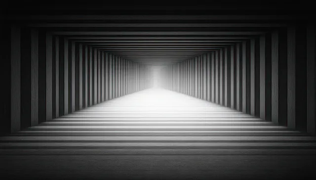 Symmetrical black and white corridor with linear stripes and glowing vanishing point