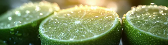 Fresh lime halves and slices glisten with juice droplets in dramatic light on a white background.