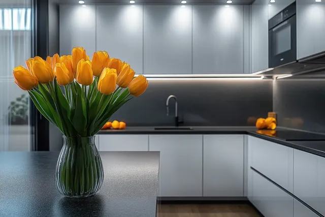 Modern minimalist kitchen with white cabinets, black countertop, tulips on the island