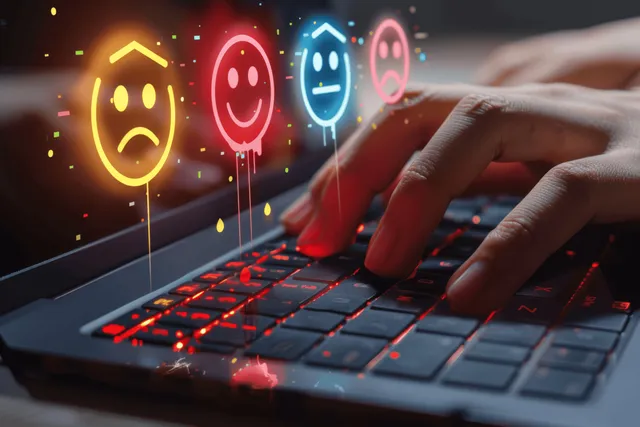 A hand types on a laptop keyboard with sad and unhappy rating emoticons on the screen.