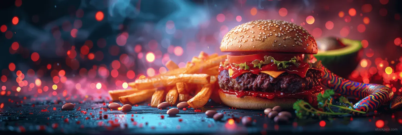 Colorful snake wrapped around a neon-lit burger and fries on a dark tabletop with glowing light particles.