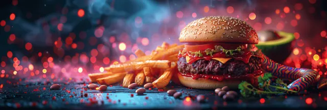 Colorful snake wrapped around a neon-lit burger and fries on a dark tabletop with glowing light particles.