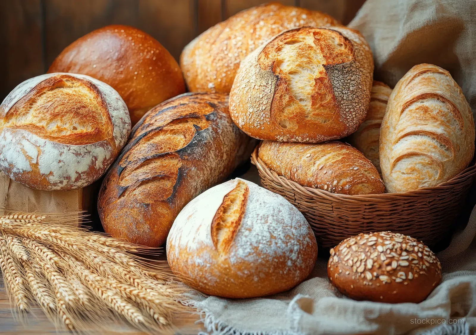 A basket of golden artisan bread loaves on linen beside wheat stalks.