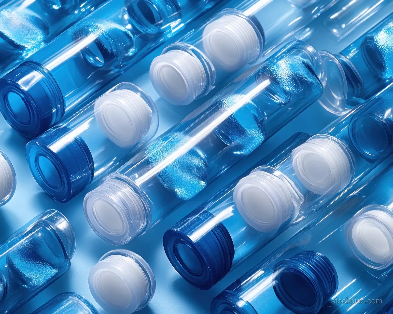 Close-up of blue and white dosing pens and injectors packed together with glossy reflections.