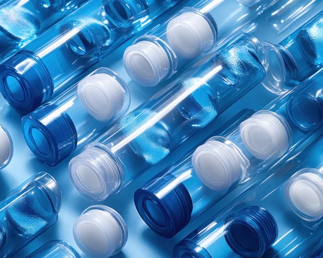 Close-up of blue and white dosing pens and injectors packed together with glossy reflections.