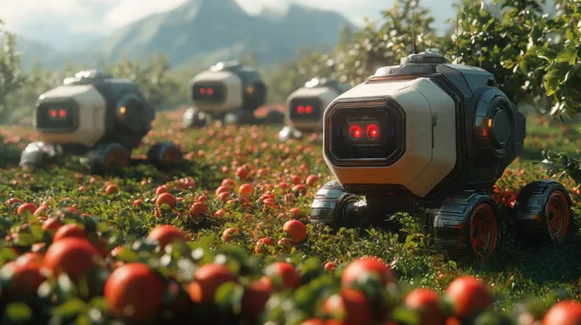 Four-wheeled orchard robots with glowing red sensors move through a row of ripe red apples in daylight.