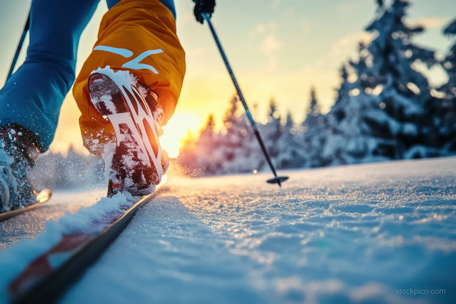 Close-up of a cross-country skier gliding across snow at sunset beside frosted trees.