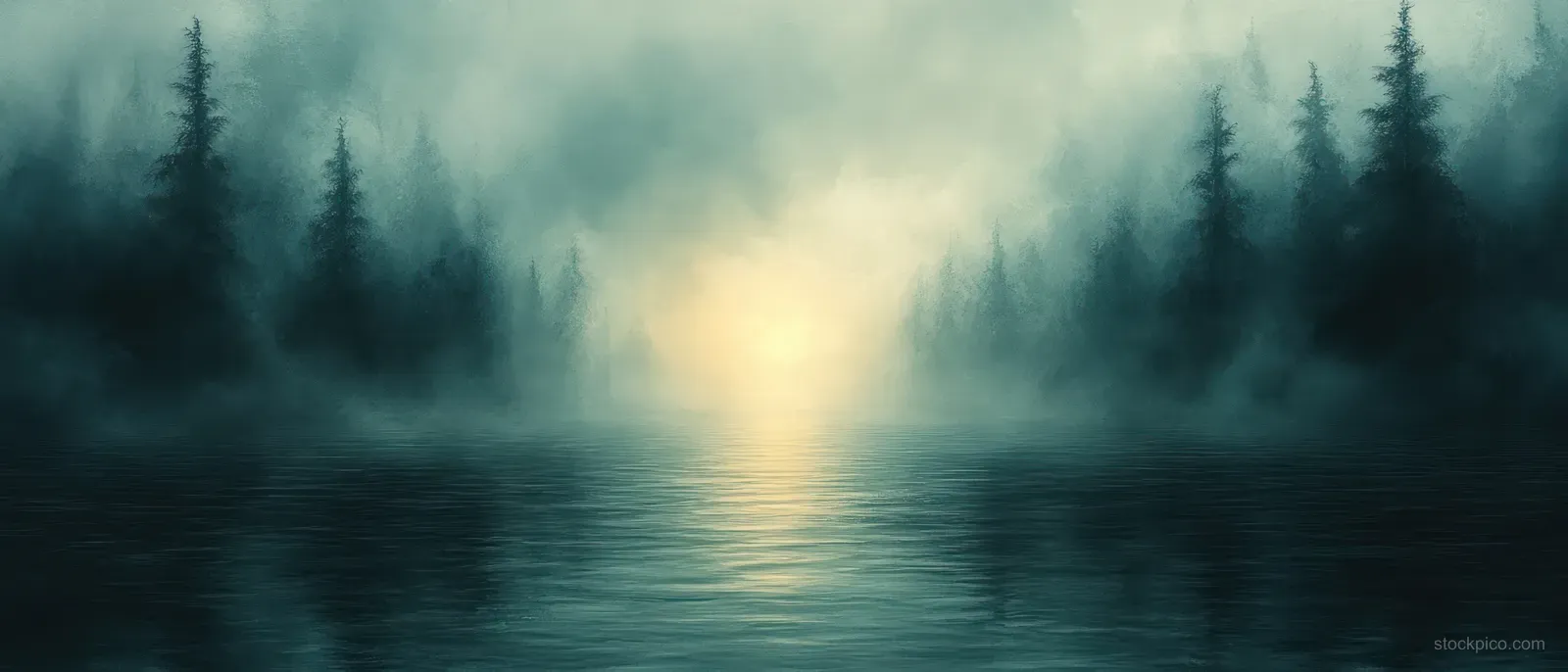 Misty lake at dawn with dark pine forest silhouettes and a diffused sunrise glow on calm water.
