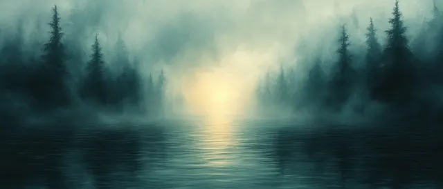 Misty lake at dawn with dark pine silhouettes and soft sun glow through fog