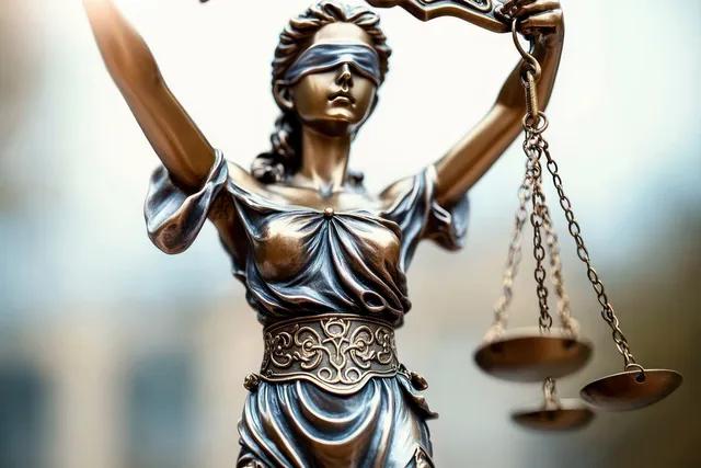 Close-up of a bronze blindfolded justice statue holding balanced scales with a blurred courtroom background.