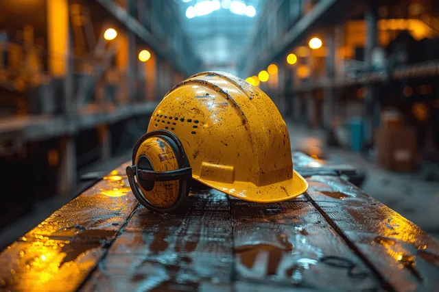 Yellow construction helmet resting on a steel plate in a factory aisle with warm sunset light and blurred machines.