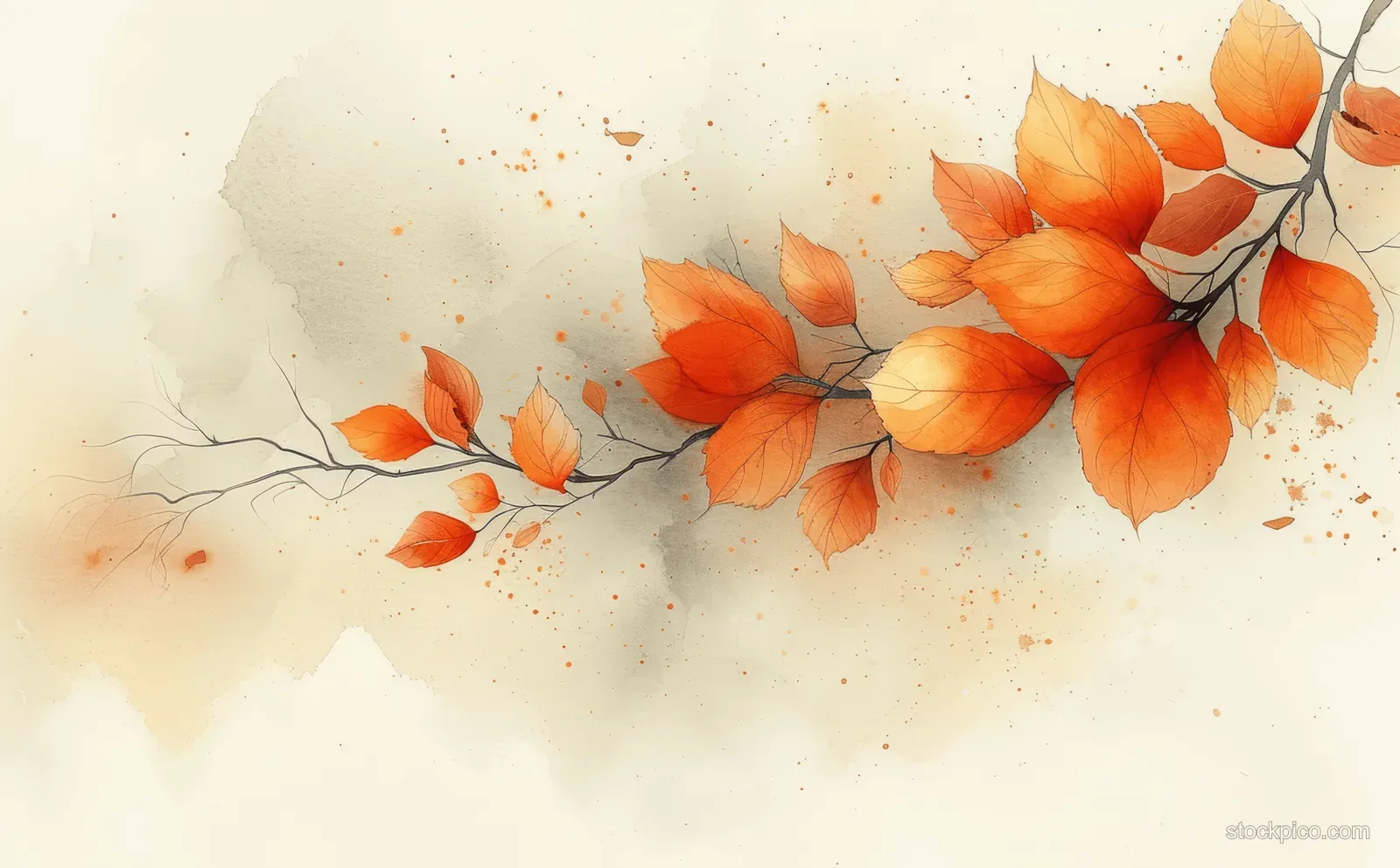 Orange watercolor autumn leaves scatter over a beige abstract background with soft splashes and paper texture.