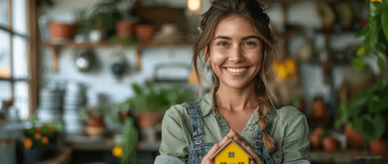 A smiling real estate agent holds a small house model in an office with warm daylight and documents in view.