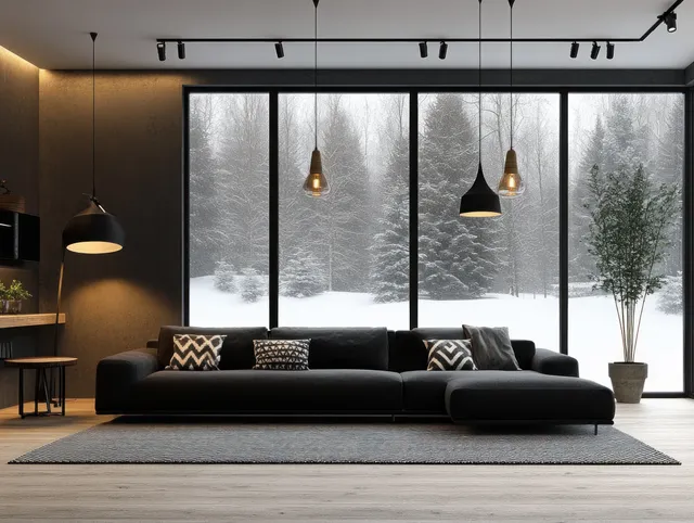 Black sofa and cushions sit in a minimalist living room with pendant lamps and a snowy forest view through large windows.