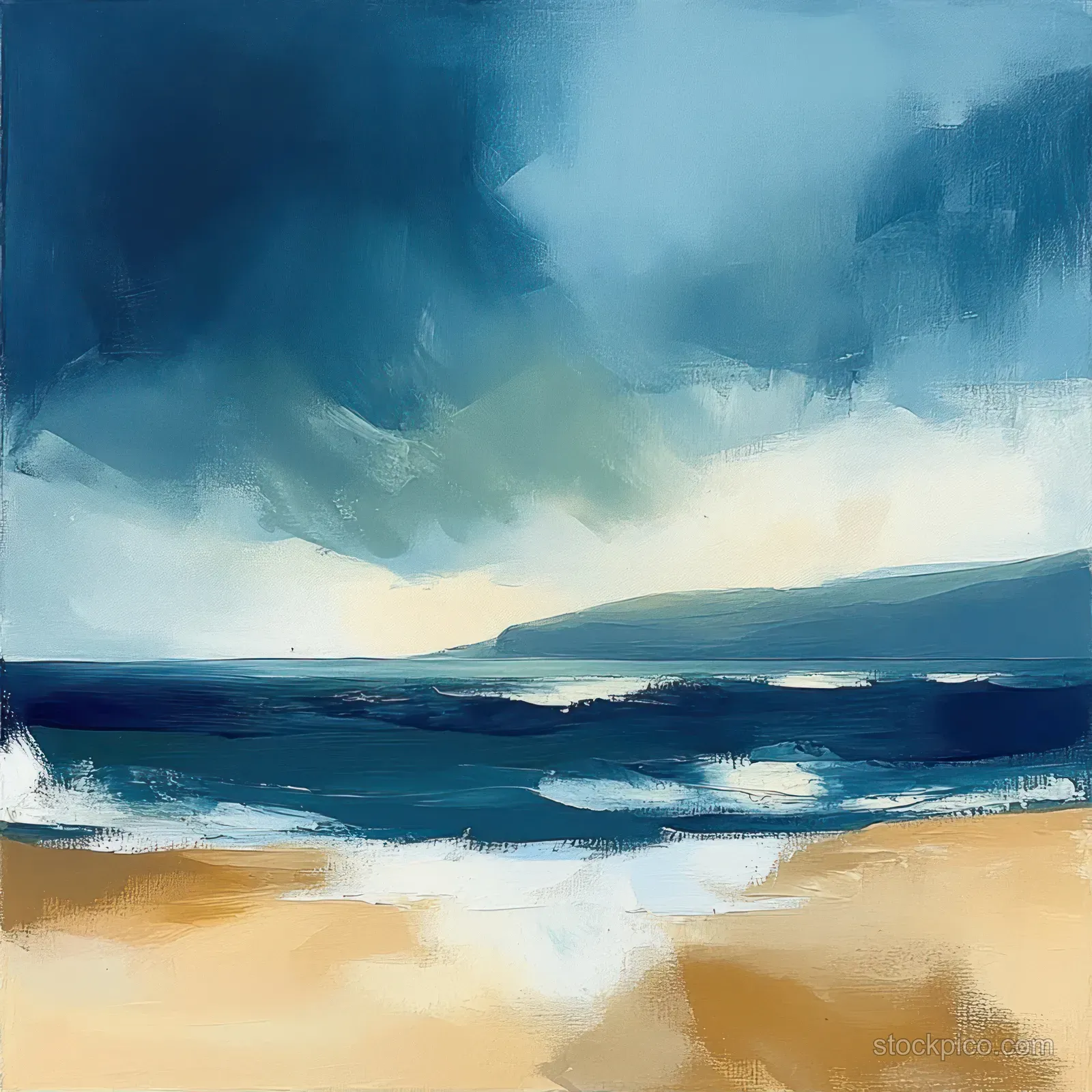 Storm clouds hang over dark blue ocean waves while sandy shoreline stretches along the foreground.