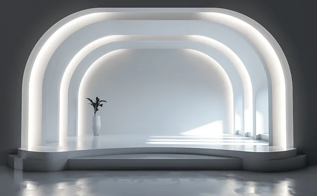 Futuristic lit podium inside an abstract white virtual hall with glowing arches and shadows