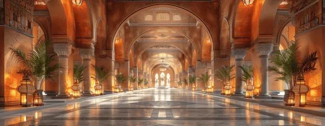 An illuminated Arabian palace corridor with lanterns, arched arcades, and palm plants glowing at dusk.