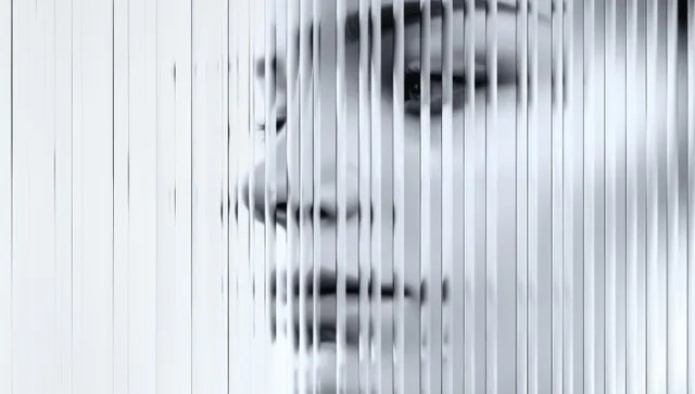 Minimalist vertical line abstract background with blurred face silhouette in white and grey