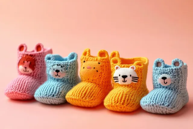 Hand-knitted baby booties featuring animal faces laid on a soft pastel background