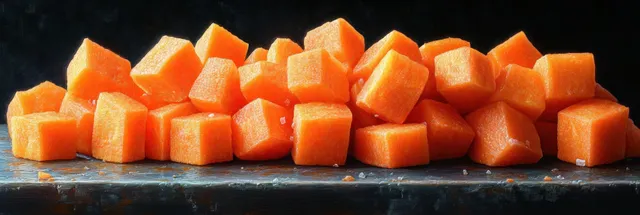 Diced and julienned carrots being chopped on a dark cutting board