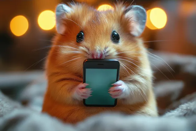 Fluffy ginger hamster holding a small smartphone with warm bokeh lights softly blurred behind it.