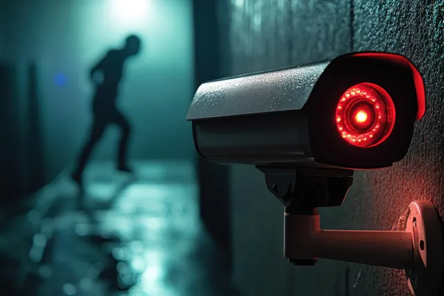 Wall-mounted CCTV camera emitting a red alarm glow with a dark intruder silhouette in a nighttime hallway.