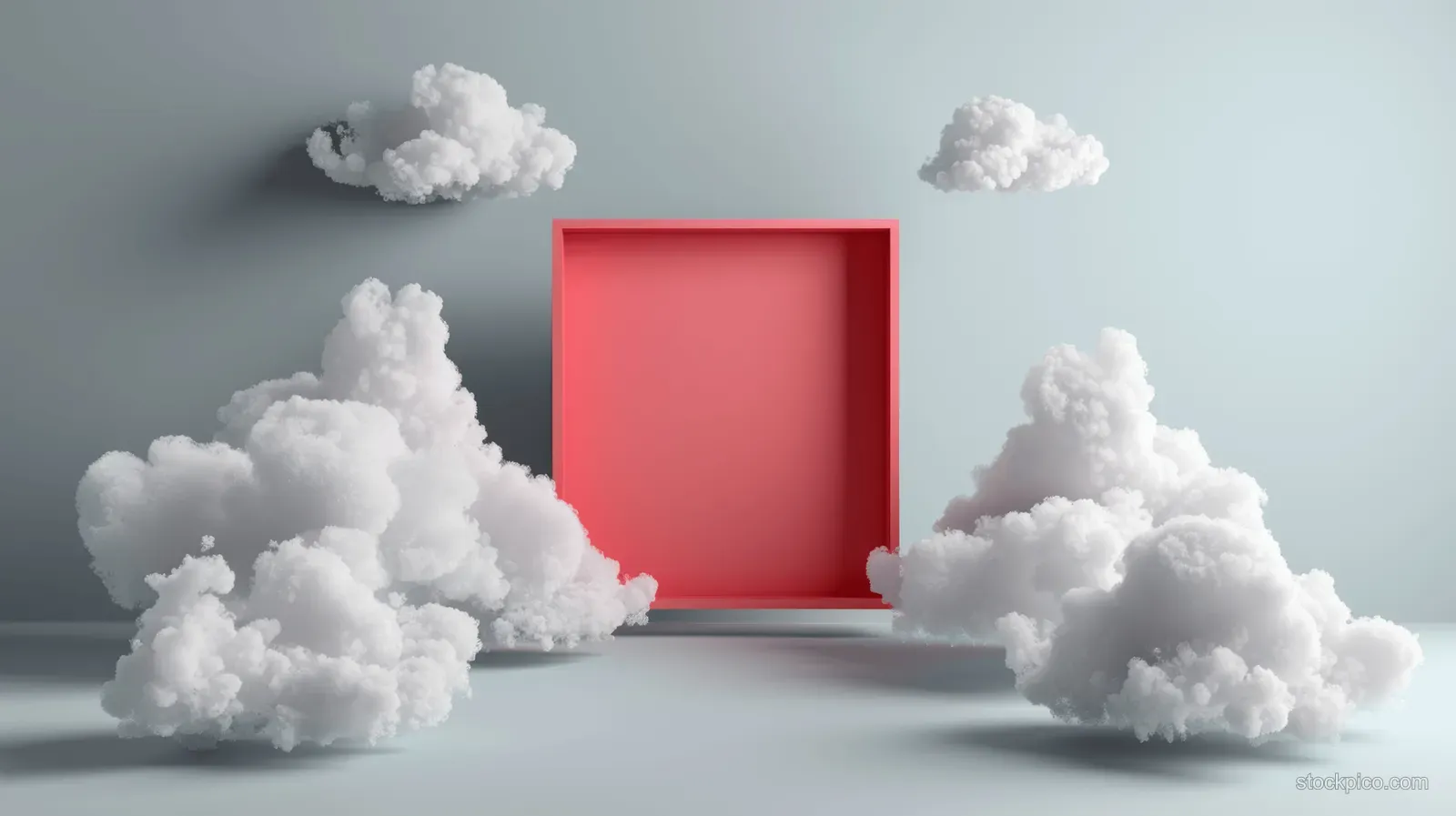 Red rectangle frame surrounded by billowing white clouds on a grey studio background.