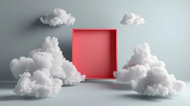 Red rectangle frame surrounded by billowing white clouds on a grey studio background.