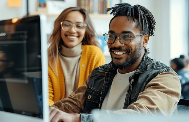 Multiracial coworkers smiling and collaborating at desktop computers in bright office meeting