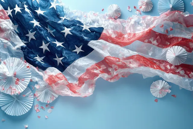 A translucent wavy American flag sits on a light blue background with white paper rosettes and red petals scattered around.
