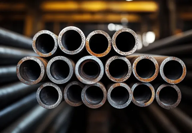Stacked rusty steel pipes show hollow circular ends inside a dim industrial workshop.