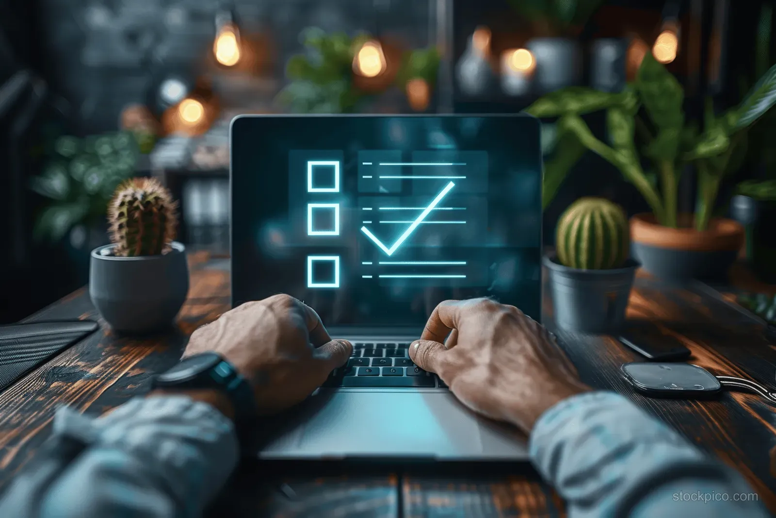 Hands typing on a laptop showing a glowing checklist interface in a dim office.