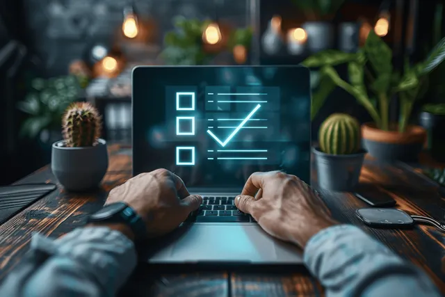Businessman Using Virtual Checklist on Laptop in Dim Office