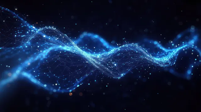 Glowing blue network wave curves through dark space with connected points and lines.