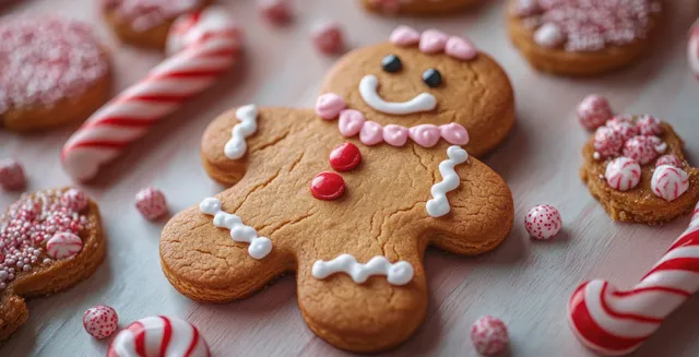 Gingerbread man cookies and striped candy canes are scattered on a light winter tabletop with open space for text.