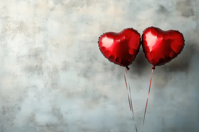 Two red heart-shaped balloons floating against a textured concrete wall for Valentine’s Day