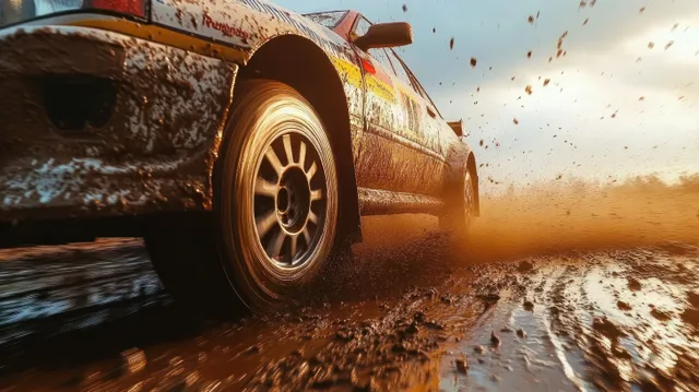 Racing car tire spins on a muddy dirt track, splashing wet mud and dirt under warm sunlight.
