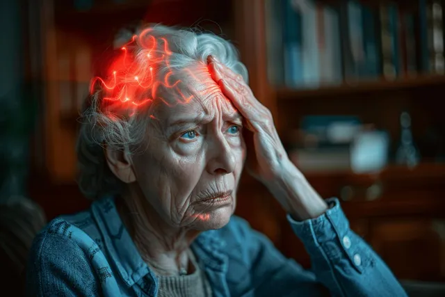 Elderly woman clutching her head with migraine pain in a dim home living room