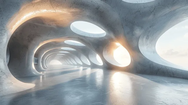 Curved concrete tunnel interior with glowing ring lights creating a vanishing-point perspective.