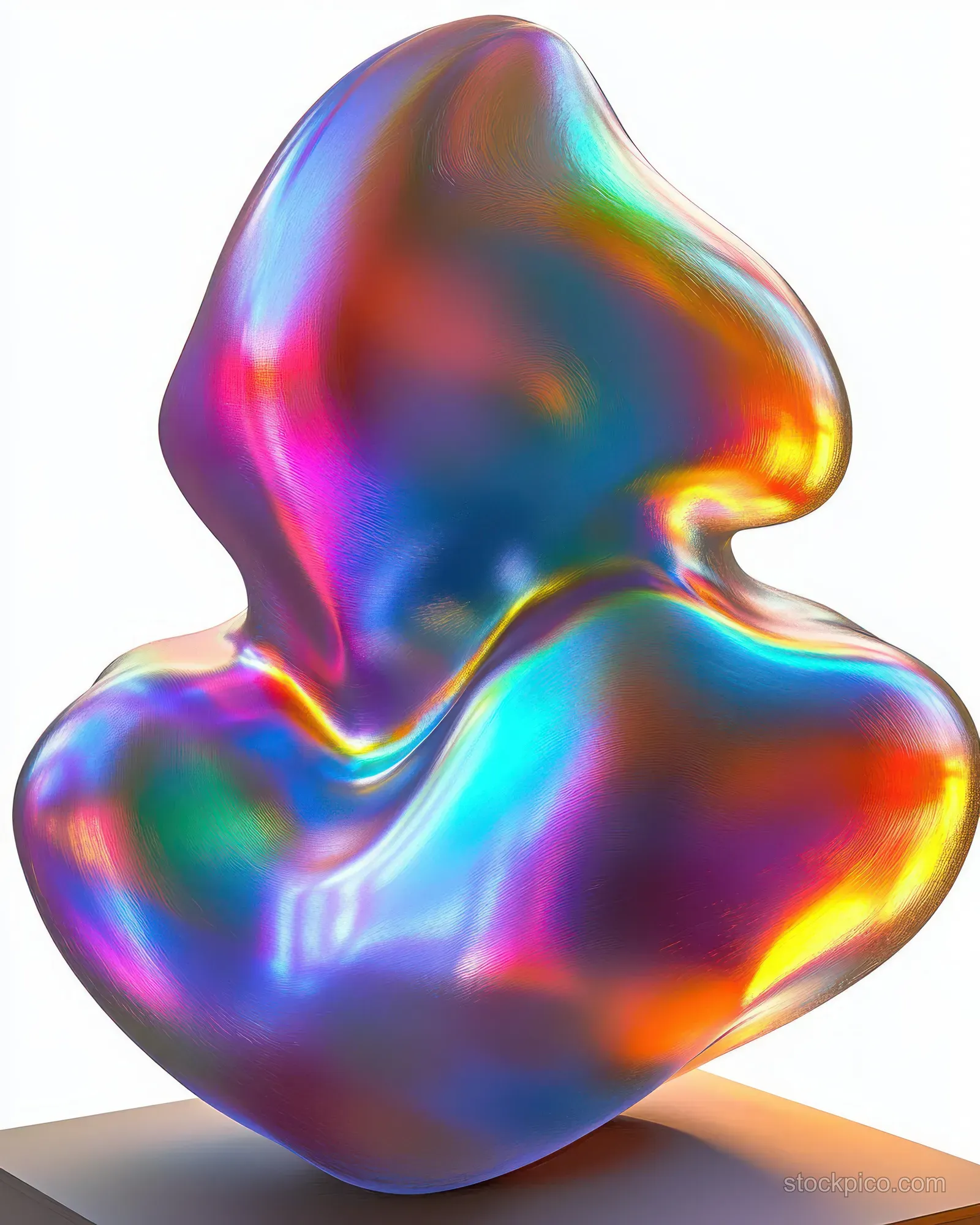 Glossy rainbow iridescent abstract sculpture with smooth organic curves on a neutral pedestal against a white background.