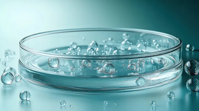 Close-up transparent petri dish with clustered water droplets against soft blue lab background