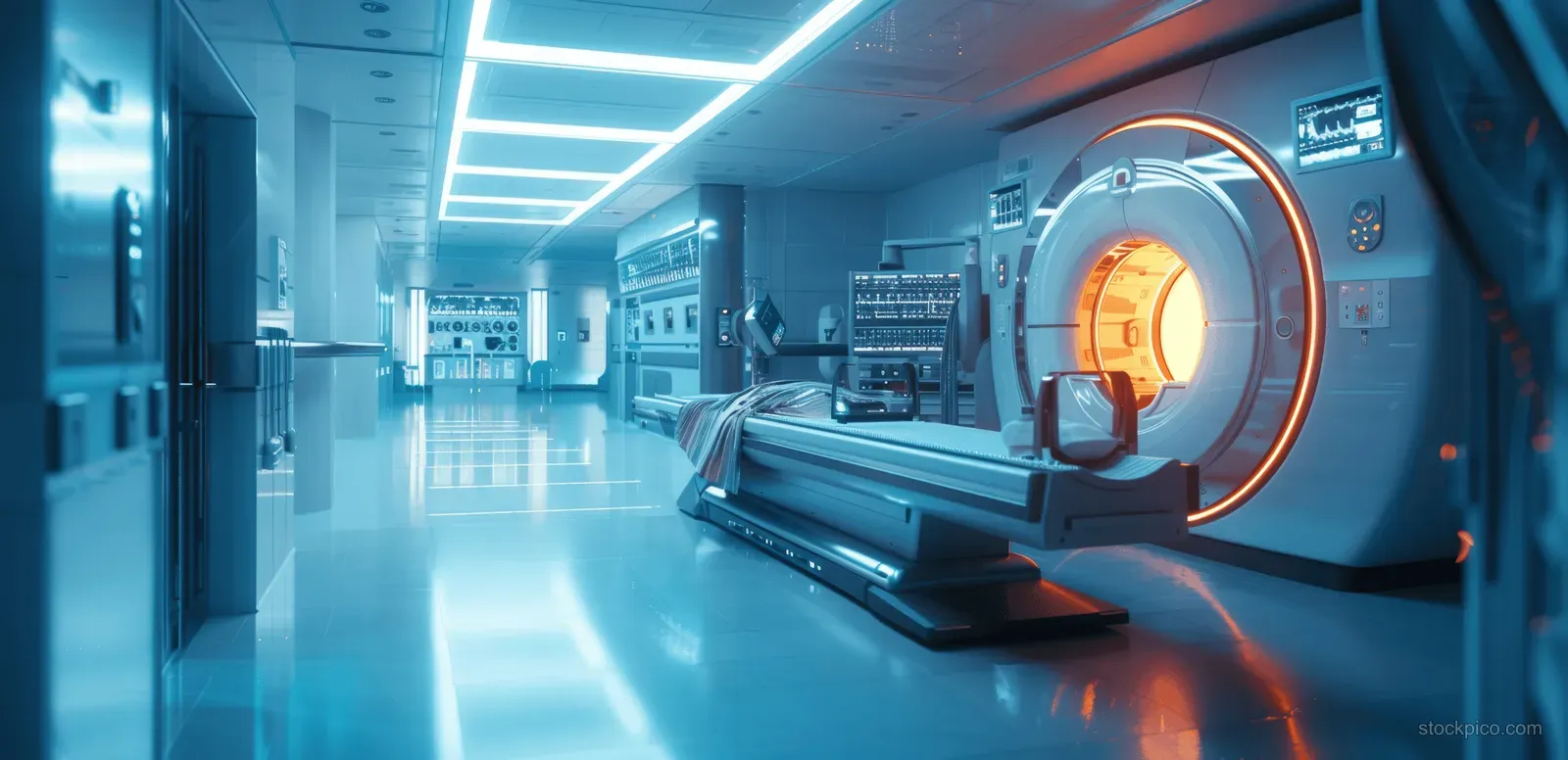Futuristic MRI CT scanner room with a glowing gantry and holographic interface panels showing patient health data.