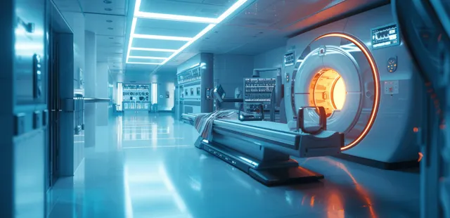 Futuristic MRI CT scanner room with a glowing gantry and holographic interface panels showing patient health data.