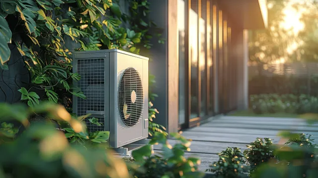 Outdoor air source heat pump unit by modern home walkway with warm sunlight glow