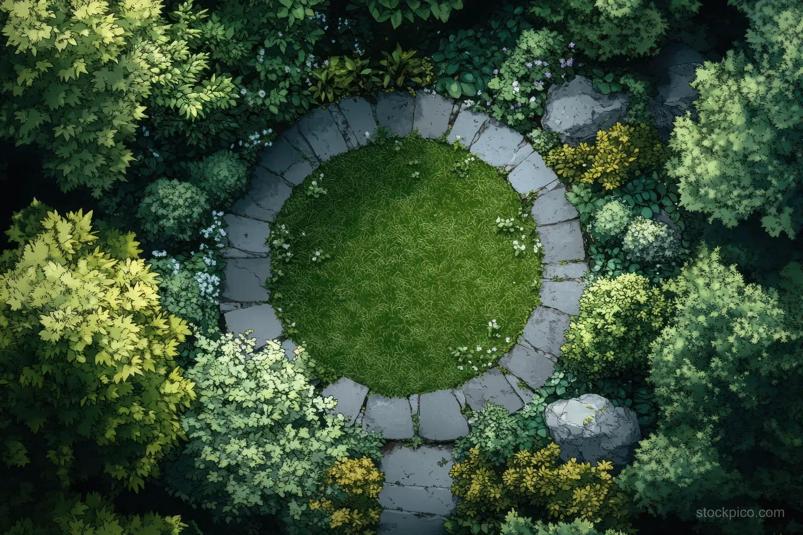 A circular grassy garden clearing with stone border stones, surrounded by dense green trees.